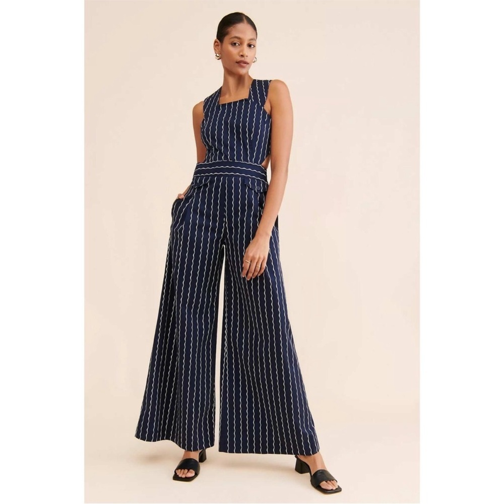 Maeve Anthropologie Derby Day Nautical Pinafore Navy Stripe Wide Leg Jumpsuit 14 - Picture 7 of 14